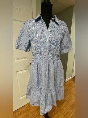 J.Crew Blue & White Striped Smocked Tiered Shirt Dress | Size M
